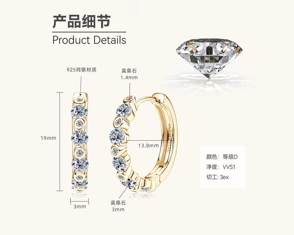 Silvere Glam 2025 Cross-border New Moissanite S925 Sterling Silver Earrings, Fashionable And Trendy Ear Clips