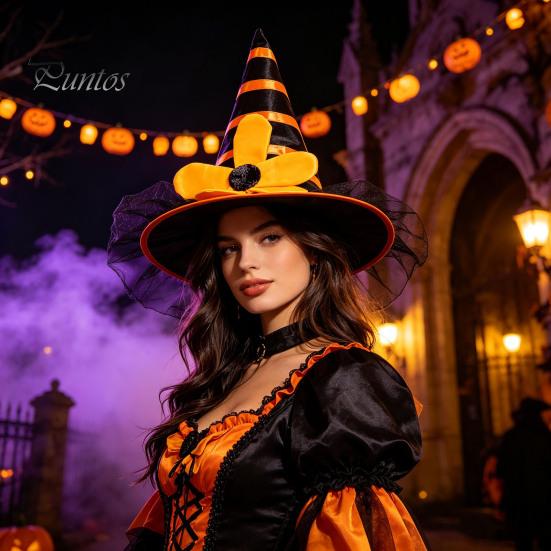Halloween Costume Hat Witch for Women Girls, Large Striped Wizard Holiday Themed Party Accessories with Flower Accessories, Cosplay, Parent