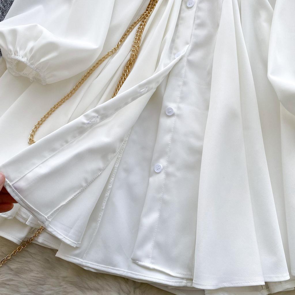 Women's Spring Autumn Loose Casual Dress Metal Chain Waist French Style Long Lantern Sleeves Elegant Shirt Dresses