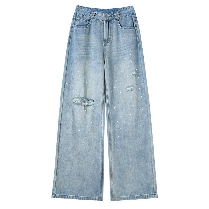 Retro Ripped Beaded Jeans for Women's New Summer High Waist Loose Straight Design To Make Them Look Slim and Mop