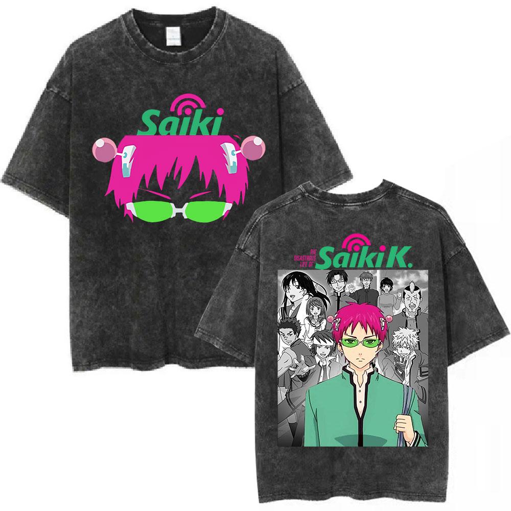 Anime The Disastrous Life of Saiki K Vintage Washed Short Sleeve TShirt Saiki Kusuo Fashion Harajuku Hip Hop Casual Tee Shirts