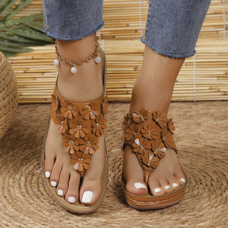 Fashion Studded Flower Sandals for Women Summer Beach Non Slip Wedge Flip Flops Woman Leisure Outdoor Fashion Clip Toe Platform Sandals