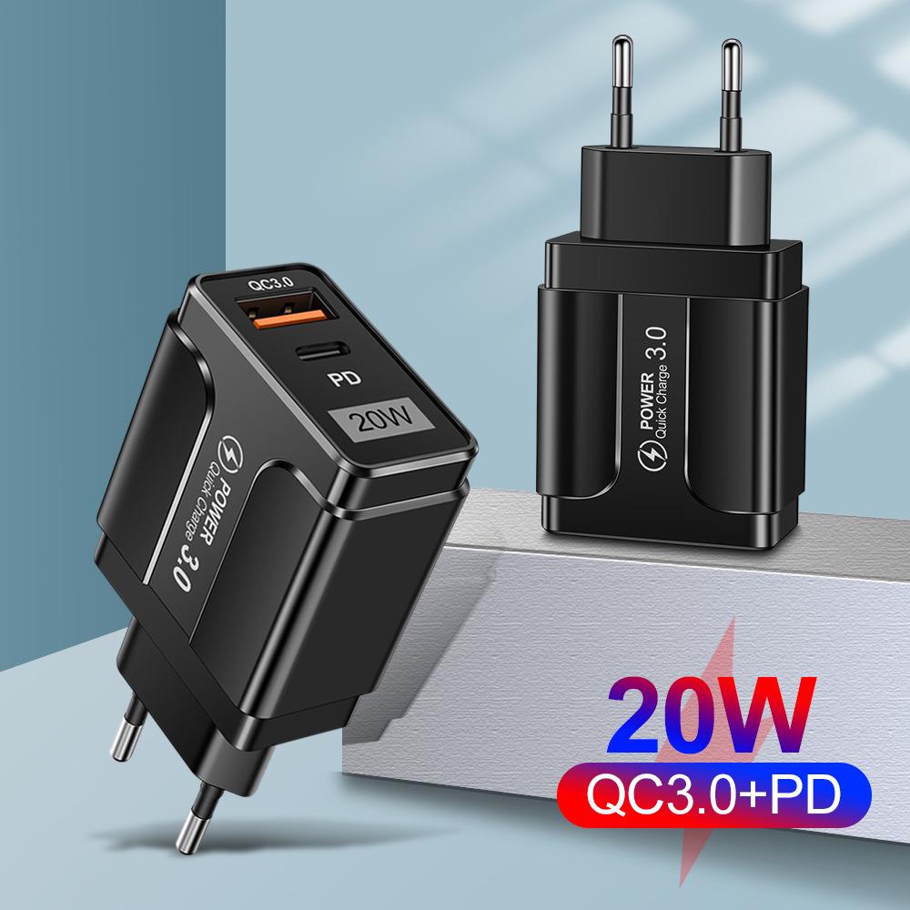 QC3.0+PD 20W Fast Charger: EU/US/UK Plug, High Power Quick Charge
