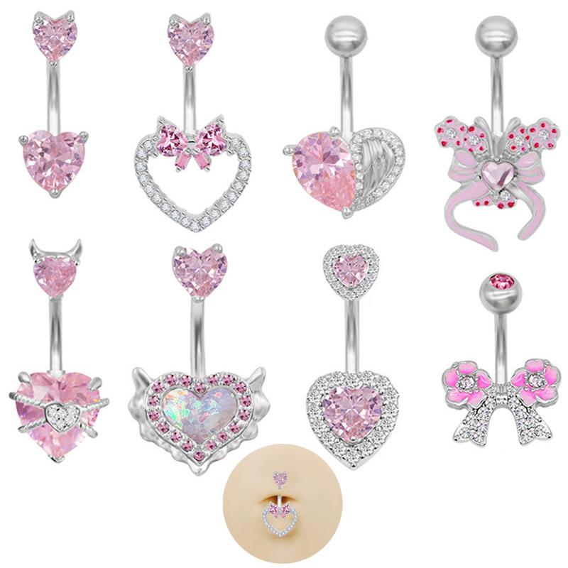 Pink Belly Button Rings Bow Heart Navel Piercing Ring For Women Girls Sexy Body Jewelry Navel Piercing Barbell Gifts