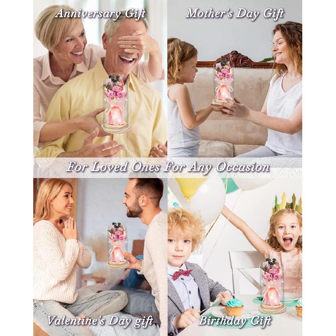 HVY Preserved Flowers Gifts for Her,Preserved Rose Bouquet In Glass Dome,Forever Flowers Fresh Bouquet Present for Women Mothers Day Birthday Gifts