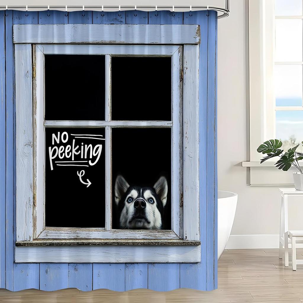 Lustiger Hund Duschvorhang Süßer Husky Hinter dem Fenster Rustikales Bauernhaus Holz Land Liebevolles Tier Haustierliebhaber Badezimmer Vorhang mit