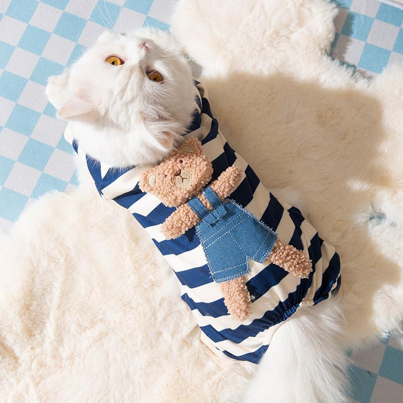 Cute bear striped four-legged loungewear puppy dog teddy than bear kitten autumn and winter warm pet clothes