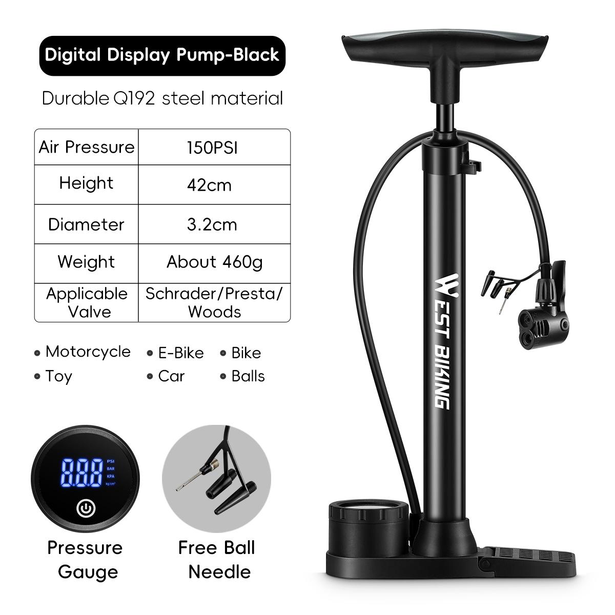 WEST BIKING Bike Pump 150/160PSI High Pressure Digital Pressure Gauge Bicycle Tire Inflator Schrader Presta Valve Universal 150 PSI Black