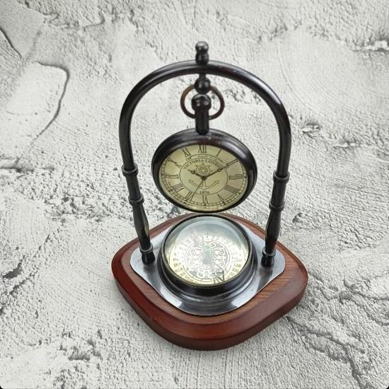 Table Clock with Wooden Compass Stand Exim Décor Hanging Clock Ship Brass Compass with  Victoria London Pocket Watch Finish