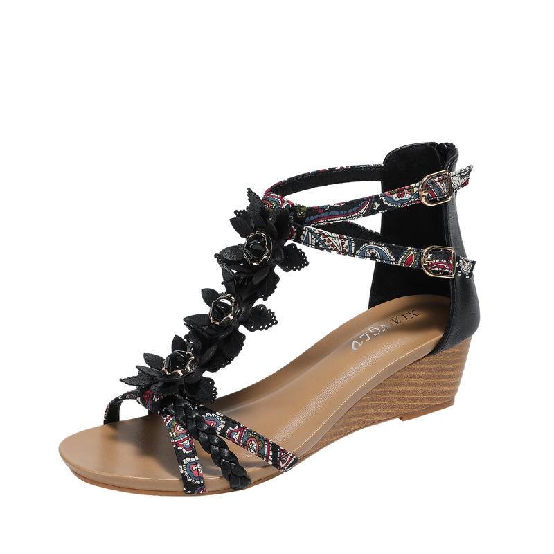 

Wedge heel Roman sandals new hand-woven flower thick sole one-word buckle fashionable versatile sandals 36 чёрный