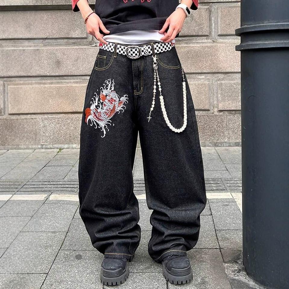 American Street Niche Printing Loose Straight Jeans Casual Design Trendy Pants