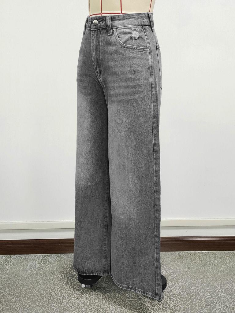 Washed Grey Ripped Wide-Leg Floor-Length Jeans for Women - Loose Casual Fit