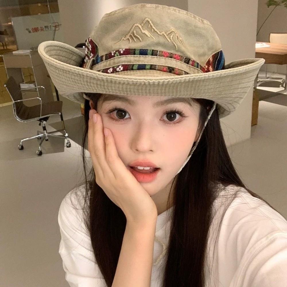 Wide Brim Cowboy Bucket Hat Sun Protection Hiking Hat Retro Sunshade Hat