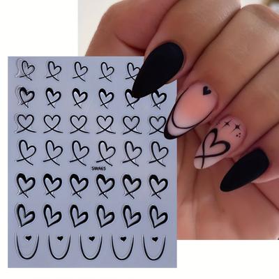 Set di Adesivi per Unghie Tema Amore, Modelli di Cuori Neri Bianchi Dorati, Decalcomanie Autoadesive in Plastica per Unghie con Glitter, Finitura Lucida