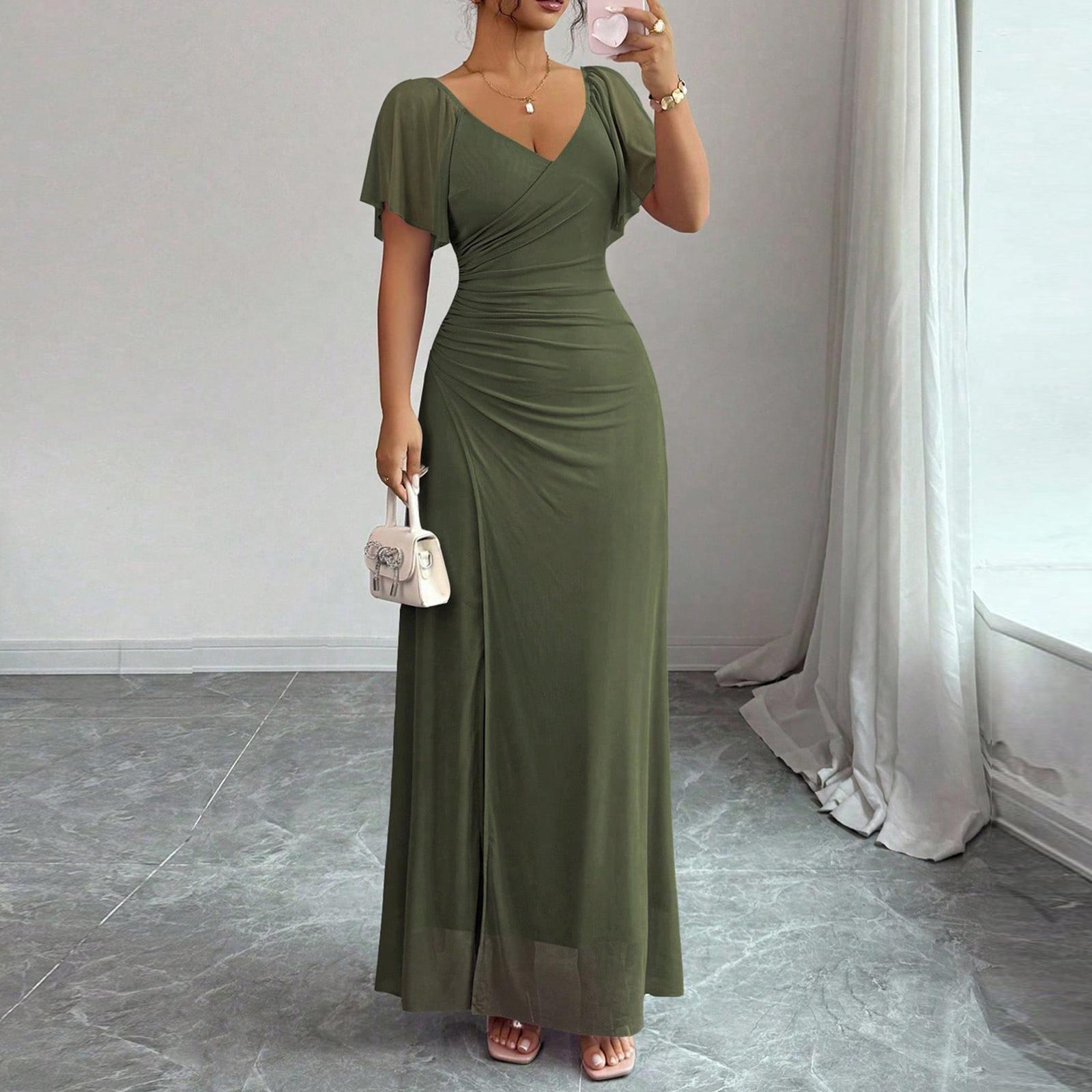 

Женское Модное Вечернее Платье с V-образным Вырезом, Летящими Рукавами и Разрезом L армия зеленый