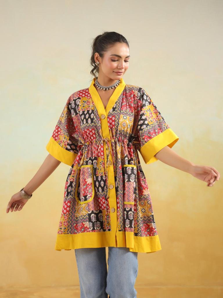 Hand block printed cotton top tunic kaftan handPrinted cotton w/pockets tunic loose fitting free size tunic RedYellow Kaftan Limited edition