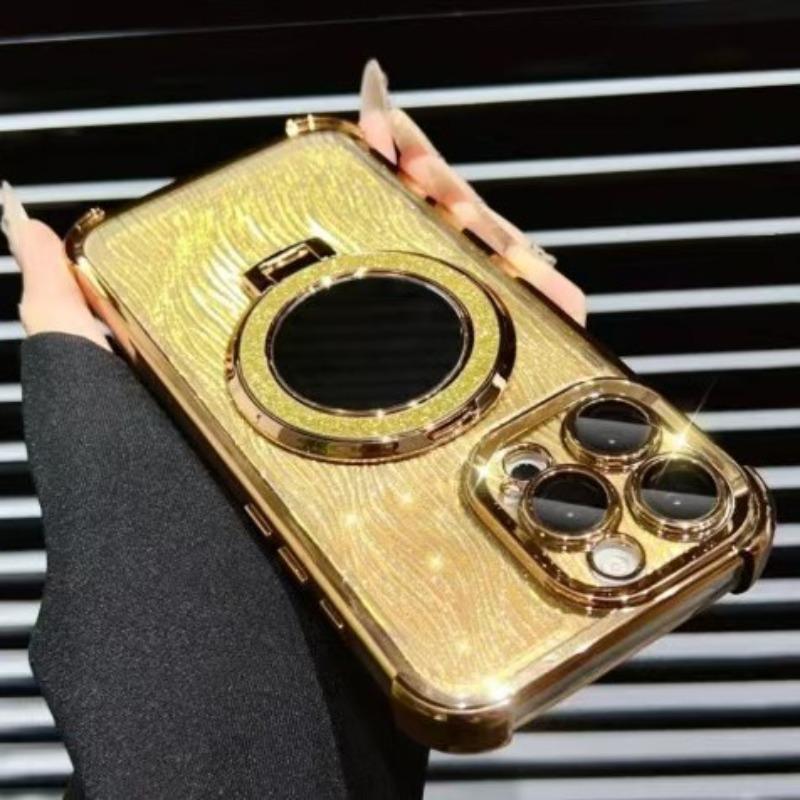

Подходит для чехла для мобильного телефона Apple 16 13 Четыре угла Волнистый с блестками Зеркало Магнитный держатель-присоска Защитный чехол для iPhone15 14 iphone 16promax золотой