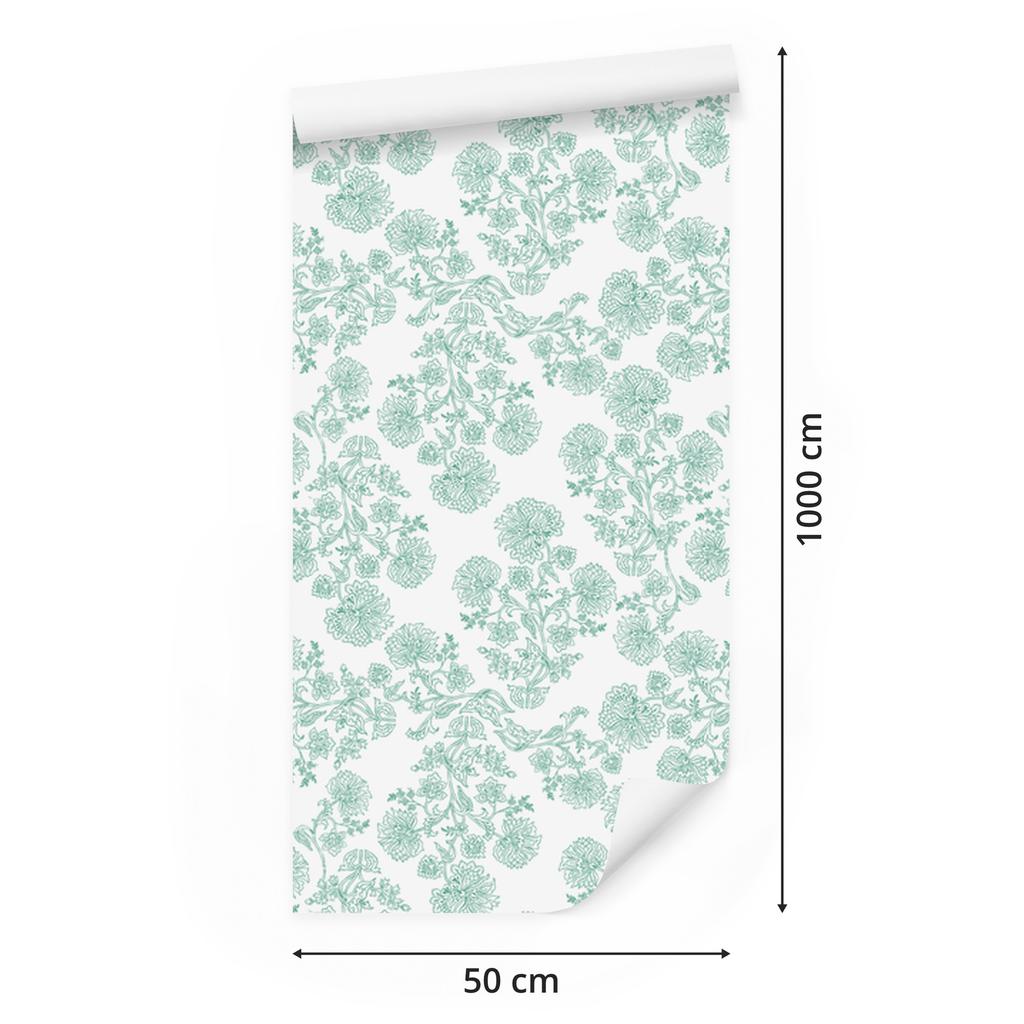 Wallpaper Flowers White, Mint and Light Gray for the Living Room and Bedroom 50x1000