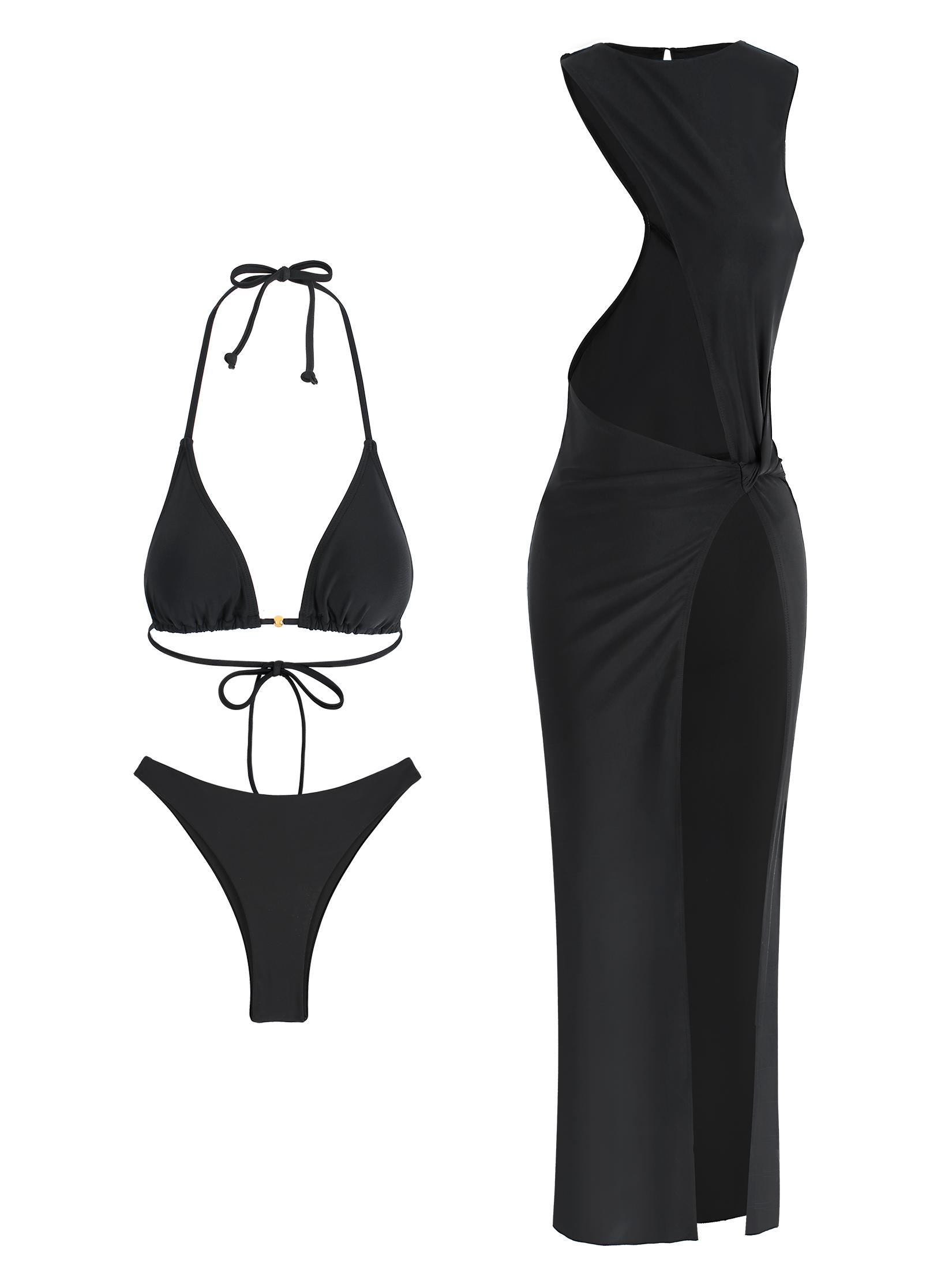 

Сексуальное длинное платье без рукавов с разрезом до бедра и комплектом топа-халтера для бикини. Летний наряд для пляжа, отпуска, вечеринки K282 L чёрный