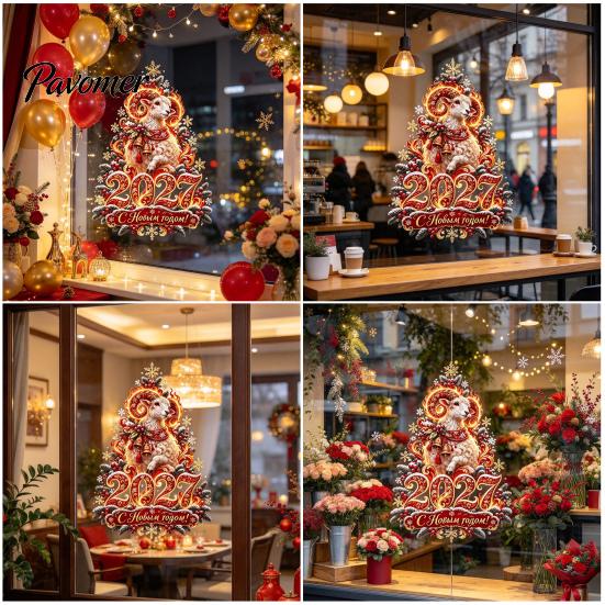 Zodiac Sheep Glass Decorations 2027 New Year Flame Goat Static Sticker, PVC Window Cling with Pine Branches Red Berries and Easy Apply Decals