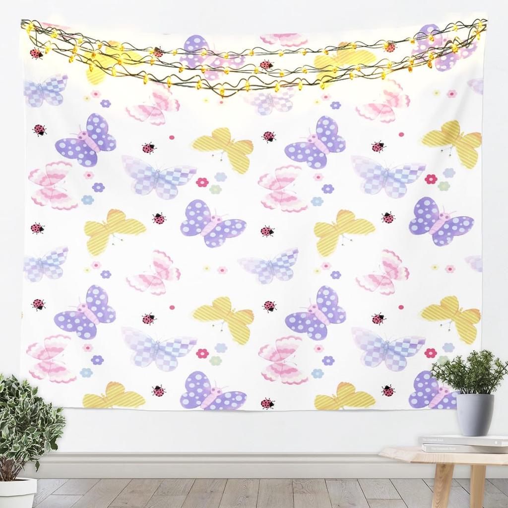 Rosa Schmetterling Wandteppich Garten Wandkunst Lila Blaue Schmetterlinge Druck Wandbehang Decke für Wohnzimmer Schlafzimmer Kawaii Rosa