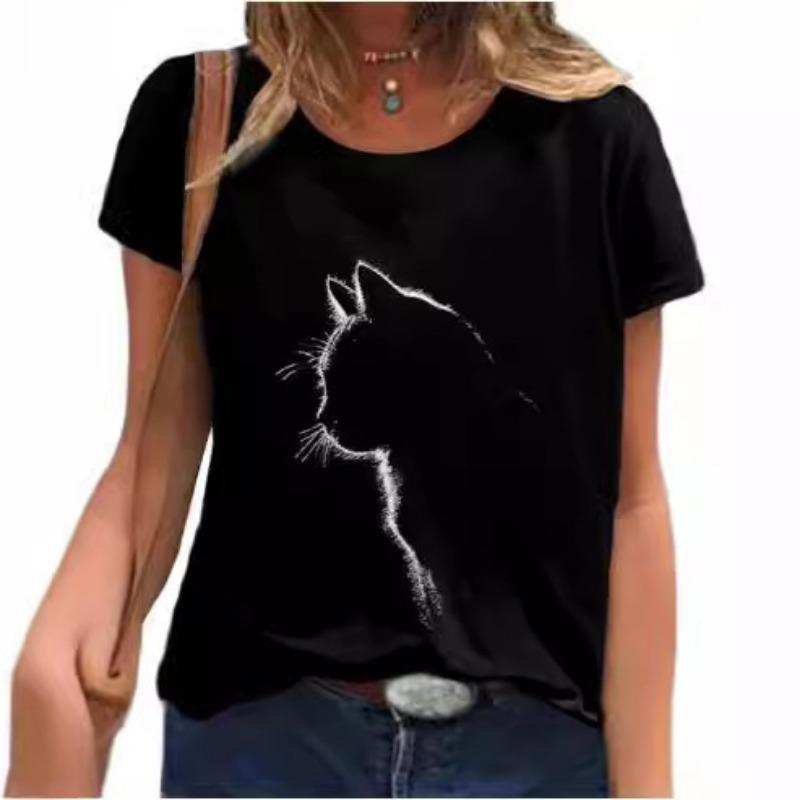 

Летняя женская футболка с коротким рукавом, милый кот, 3D-принт, свободная, повседневная, с круглым вырезом, женская одежда, футболки женские 6XL