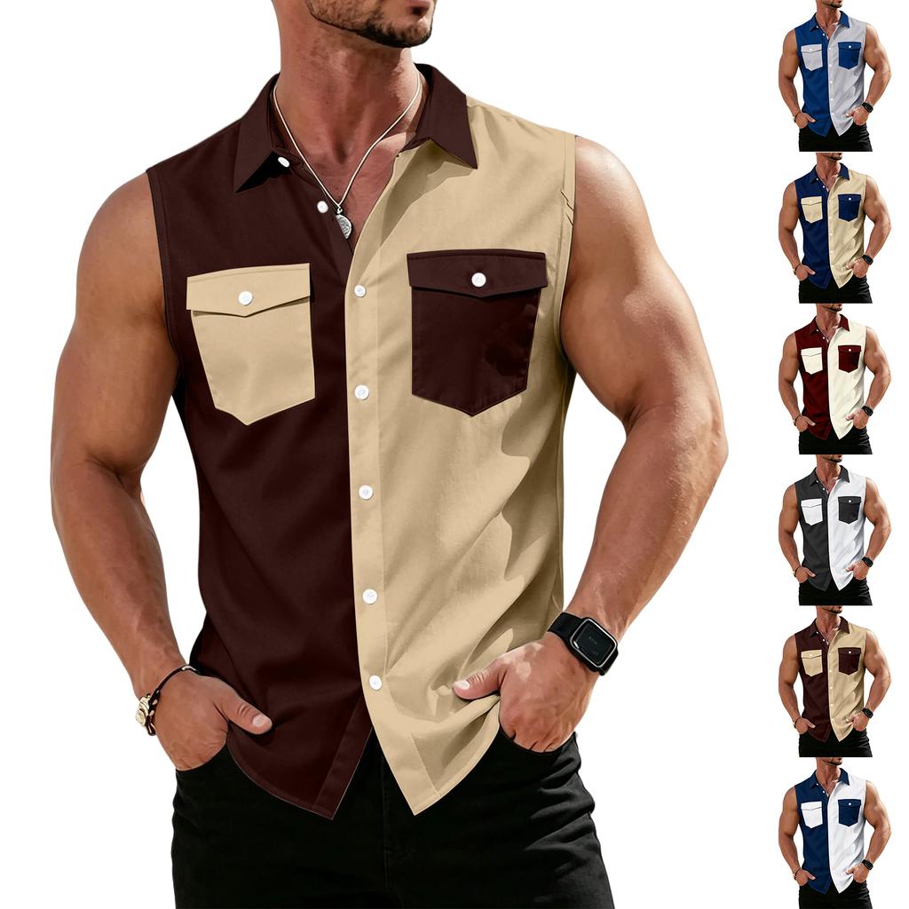 Men's Workwear Lapel Button-Down Vest Shirt - Lightweight Sleeveless Top