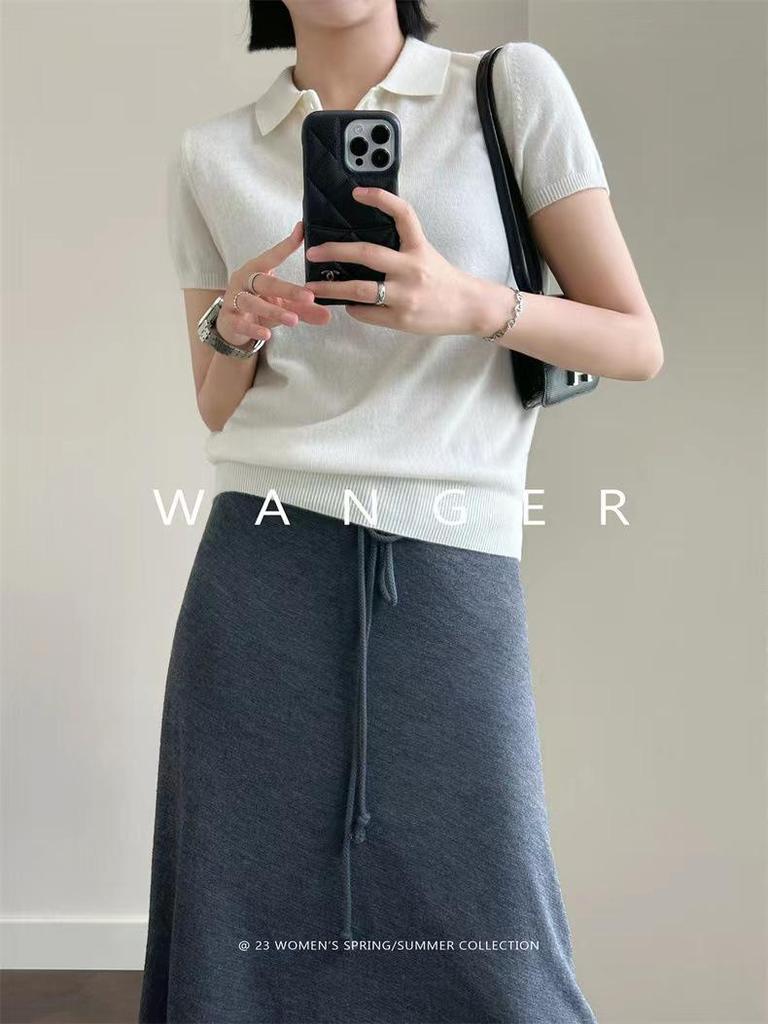 Women's Spring/Summer Short Sleeve Wool Polo Shirt - Solid Color, Turn-Down Collar Knit Top