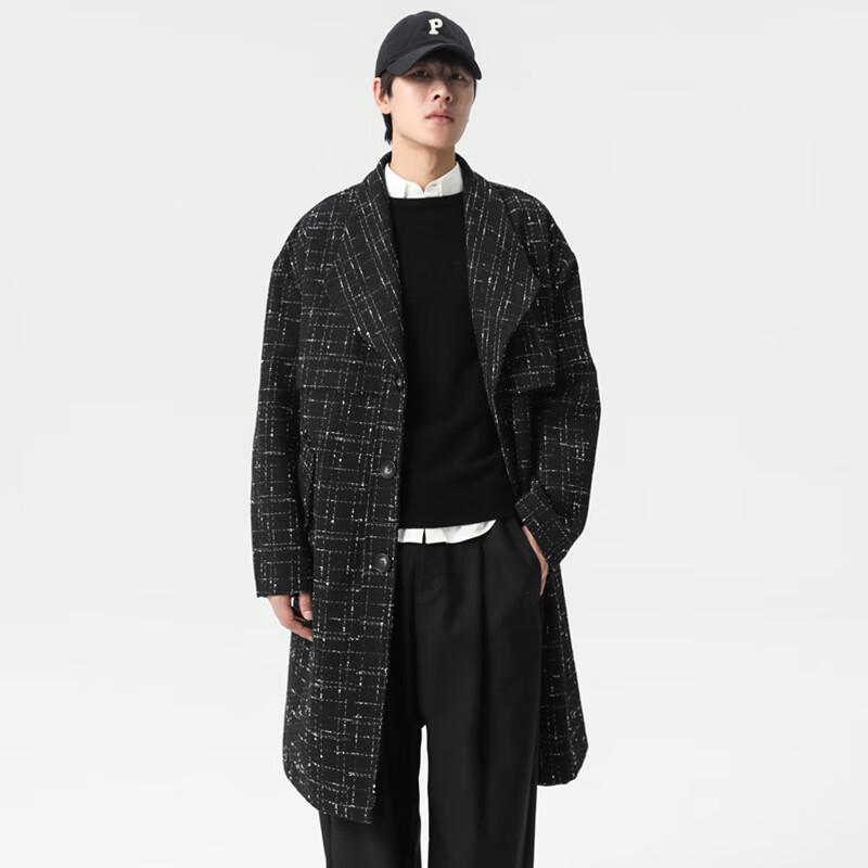 ROMON Men's Plaid Business Casual Mid-Length Trench Coat