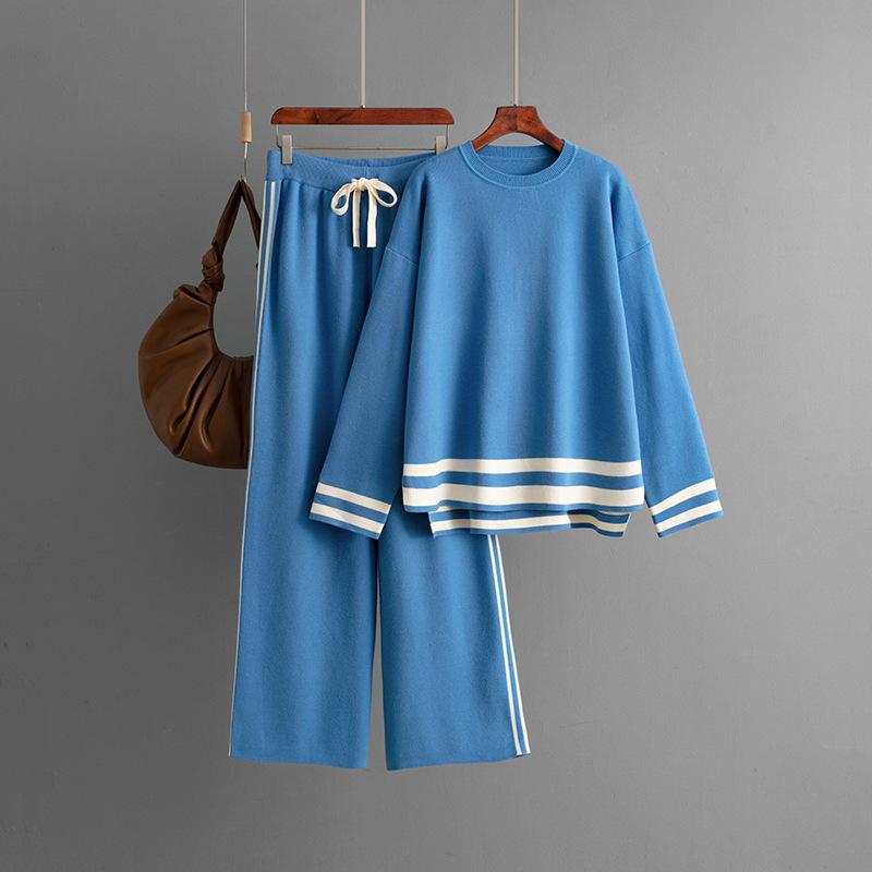 

Модный женский осенне-зимний новый вязаный пуловер свободного кроя с круглым вырезом и брюки широкого кроя, комплект из двух предметов one size синий