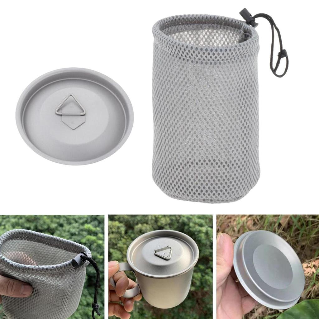 Titan-Becherdeckel und Netz-Kordelzugbeutel, ultraleichter Becher, Campingtopf zum Klettern im Freien