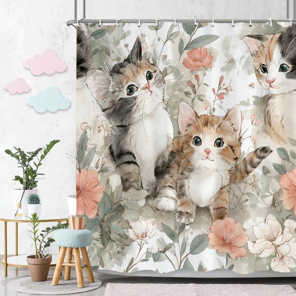 Lovely Cat shower curtain, Bathroom Cats in the Garden Flower Shower Curtain, Modern Decorative Fabric Shower Curtain with Hooks
