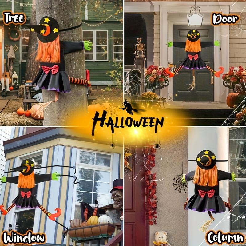 Halloween Witch Hanging Decor Outdoor Tree Climbing Witch with Red Bow Black Hat,Halloween Decorations for Porch Yard Display
