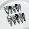 10pcs Stiletto Almond Press On Nails Dark Blue Cat Eye Y2K False Nails With 3D Design Artificial Detachable Full Cover Nail Tips