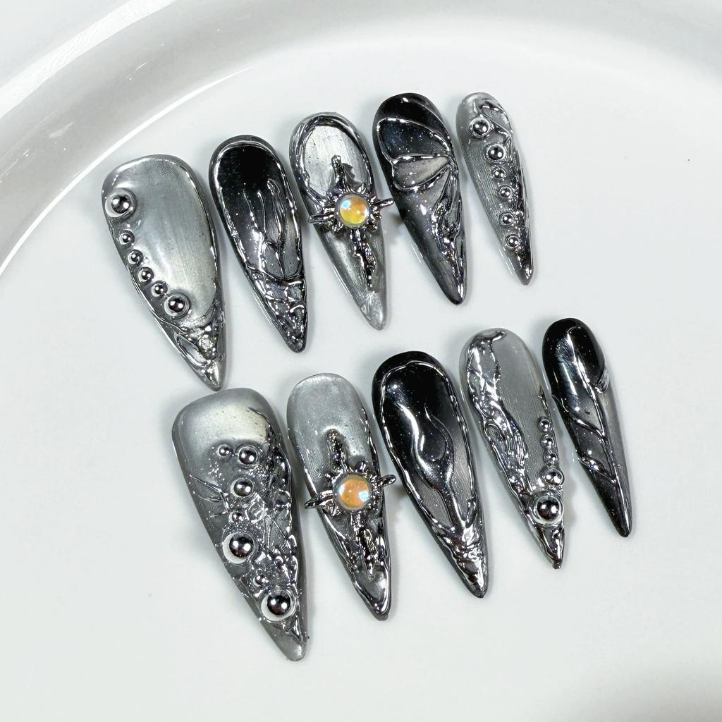 10pcs Stiletto Almond Press On Nails Dark Blue Cat Eye Y2K False Nails With 3D Design Artificial Detachable Full Cover Nail Tips