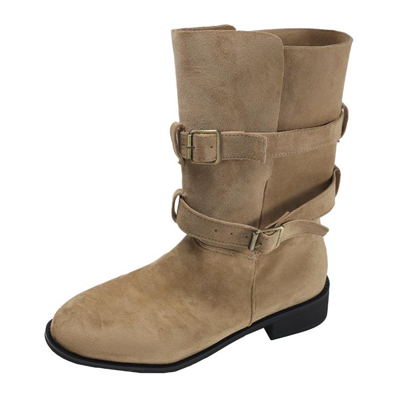 Queen Fan Khaki retro thick heel medium boots children's 2025 new autumn with skirt slim western boots