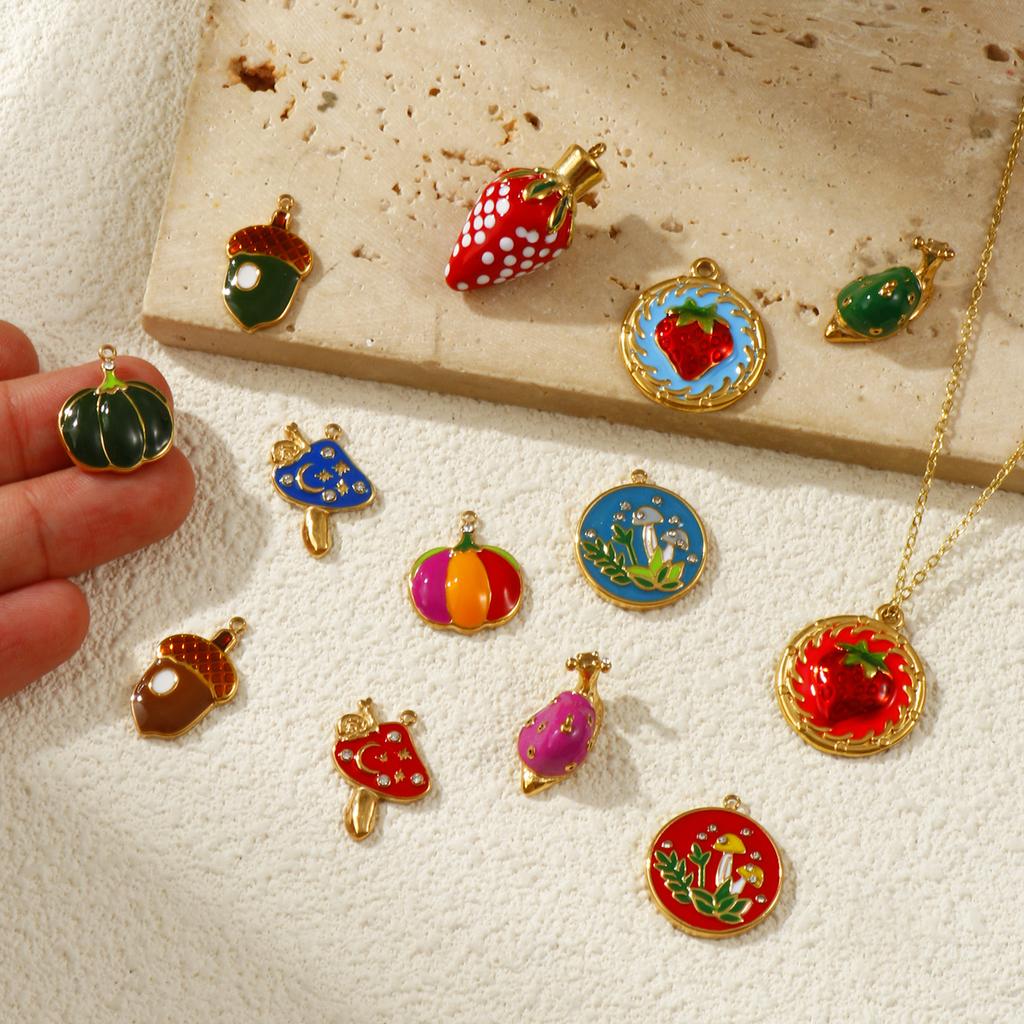 1Piece 304 Stainless Steel Charms 18K Gold Plated Enamel Strawberry Acorn Snail Mushroom Pendant For DIY Necklace Jewelry Making