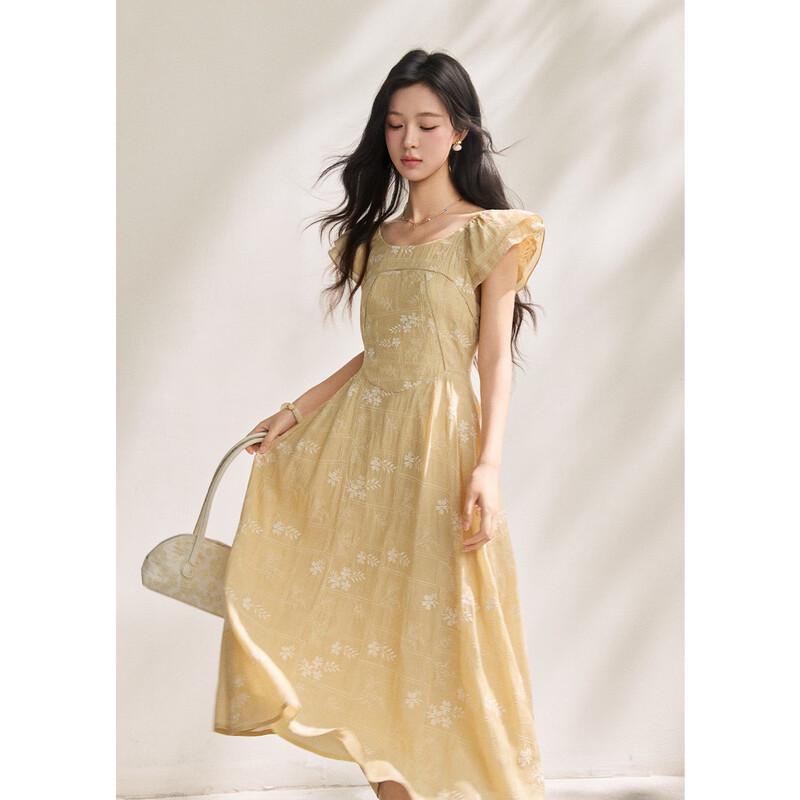 Mishow Damen Stickerei Quadratischer Ausschnitt A-Linien-Kleid