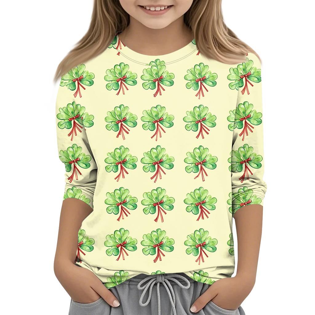 St. Patrick's Day Print Tops For Youth Girls 4-11 Years Round Neck 3/4 Sleeves T-Shirts Trendy Tops Outfit Tees