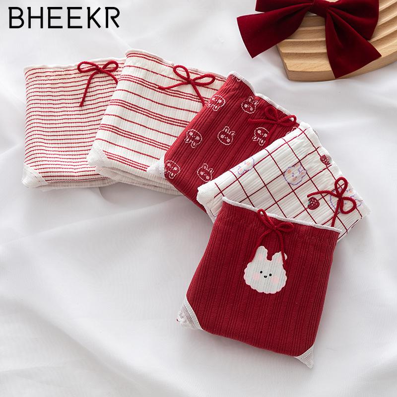 

5 шт./компл., трусики для девочек с милым кроликом и кружевной кромкой, красные трусики с нитками для девочек, хлопковые студенческие трусики со средней талией, женские трусы M