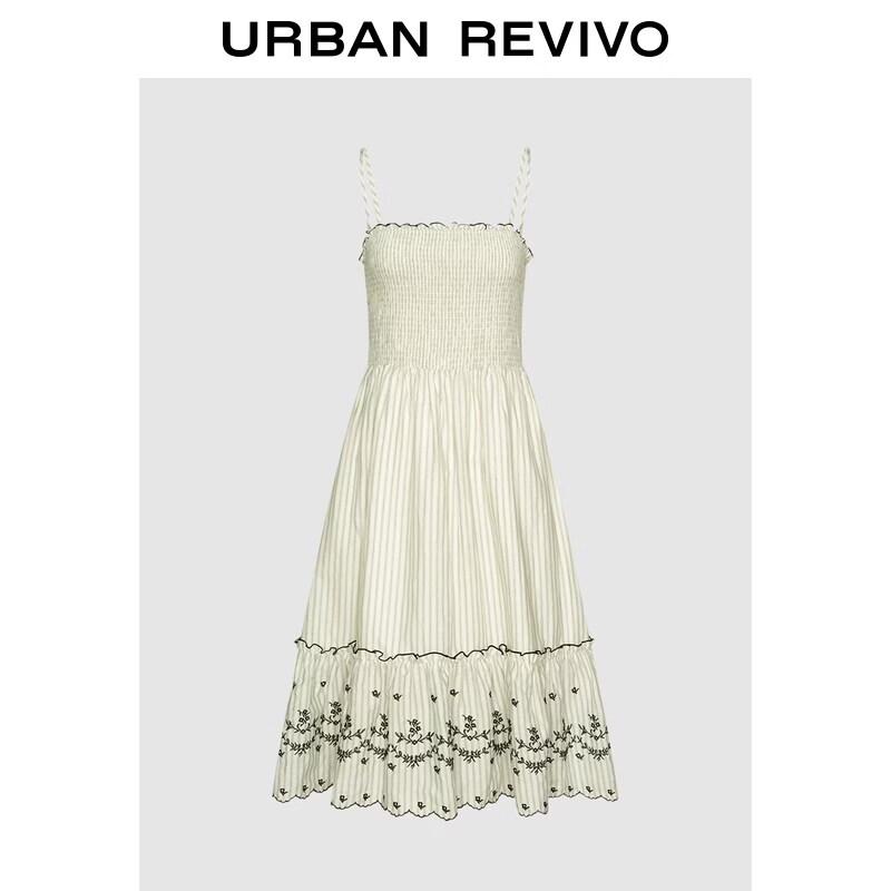 UR2026 Women s Casual Color-block Embroidered Smocked Midi Dress L