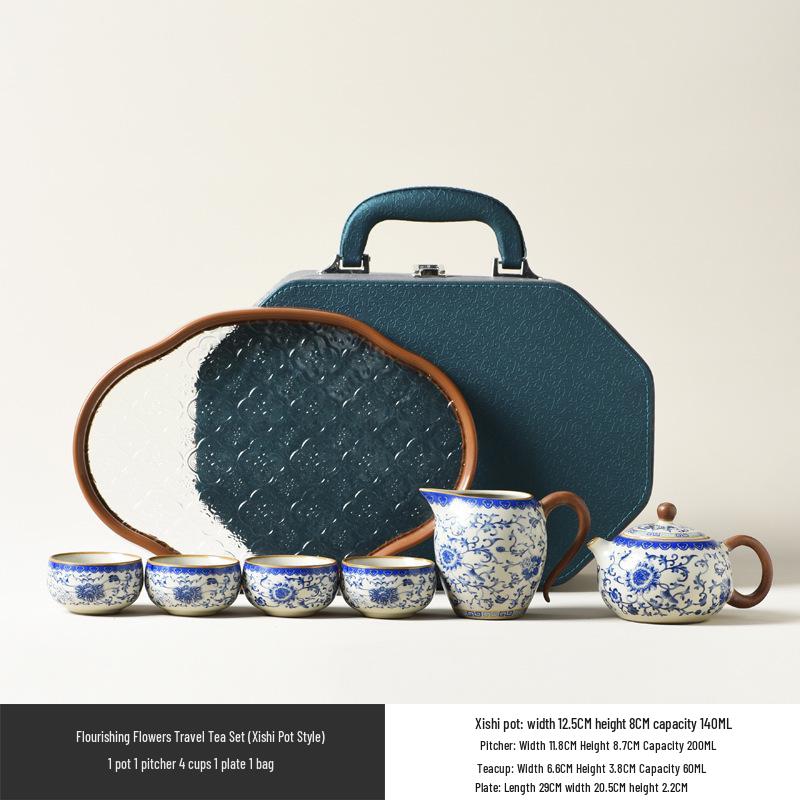 Ru Kiln Lotus Scroll Kung Fu Tea Set – Blue & White Ceramic Teapot Gift Box with Logo