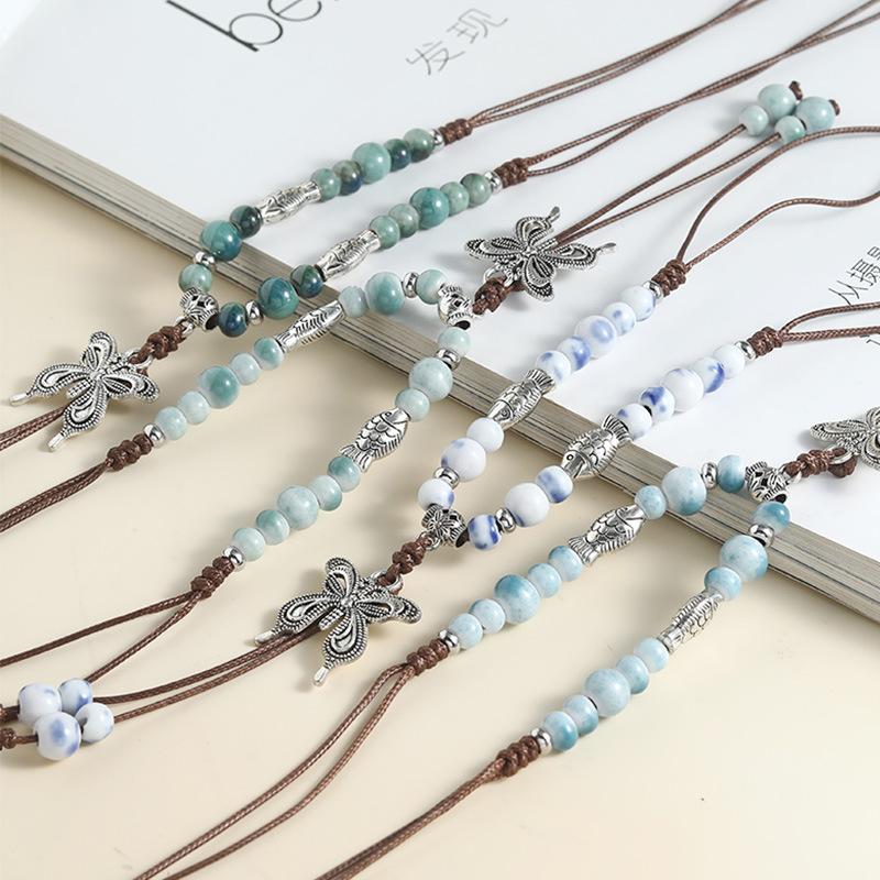 Chinese style long length sweater style accessory  butterfly necklace  ceramic  hanger cord