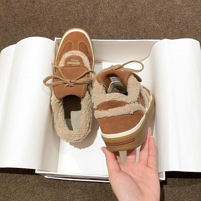 Zapatillas de entrenamiento de cuero con cordones retro versátiles para mujer, nuevas, de felpa de lana de cordero, cálidas, de lana, zapatillas deportivas casuales, de algodón