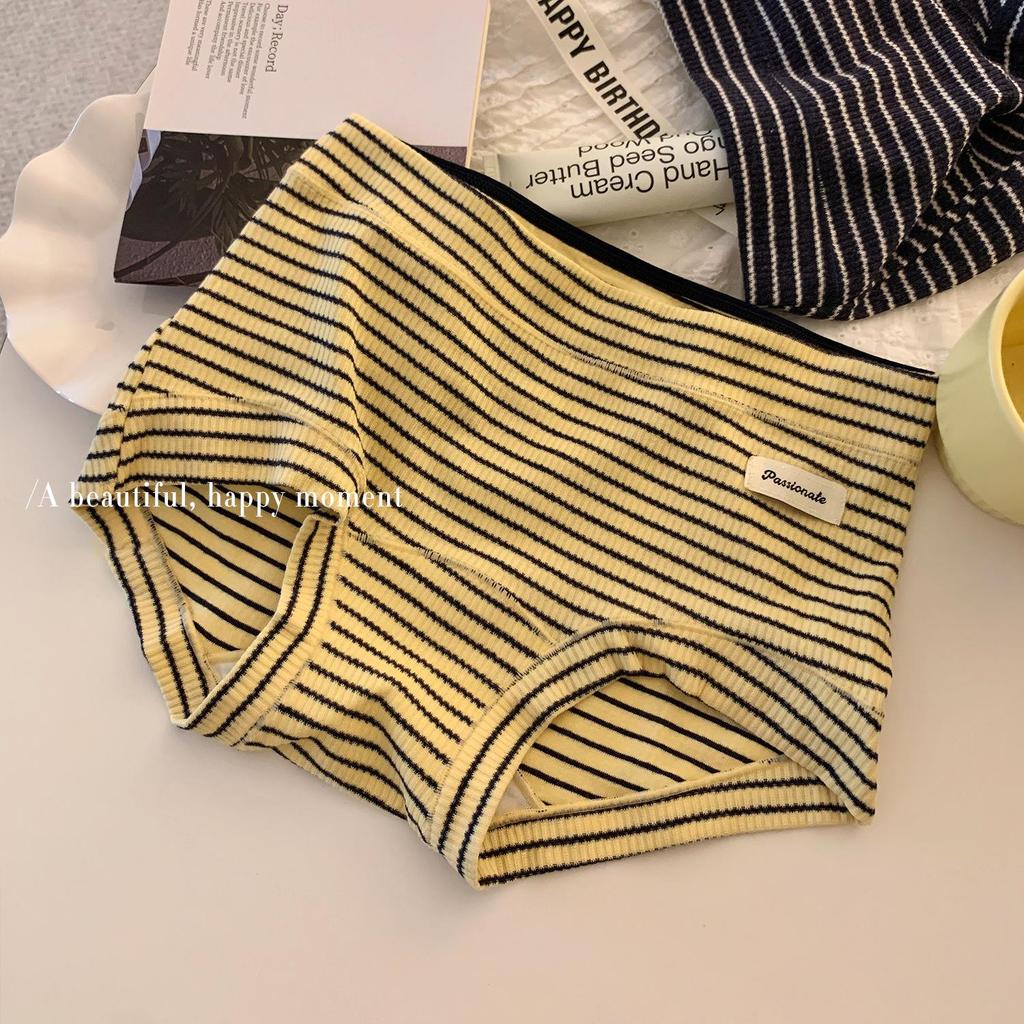 Retro American Women's Striped Pure Cotton Mid-Waist Panties with Antibacterial Extended Crotch - Plus Size Available