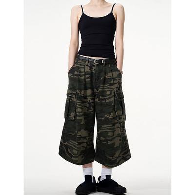 Women Short Jeans Green Camouflage American Vintage Y2K Straight Streetwear Wide Leg Pants High Waist Female Summer Denim Shorts