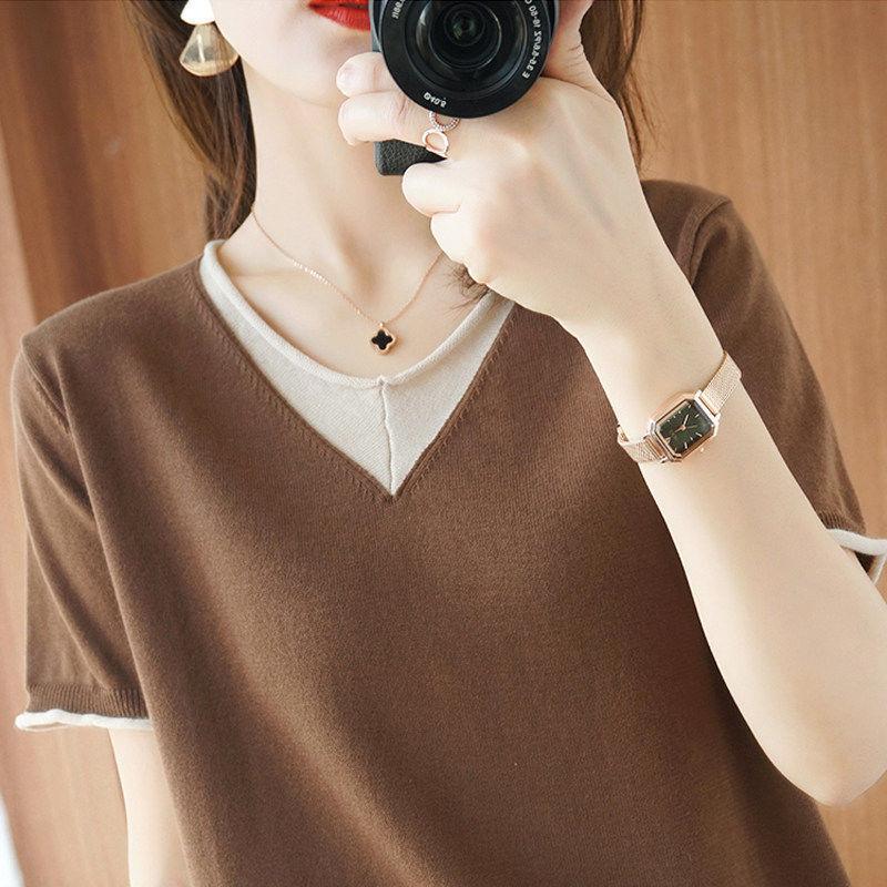 

Office Lady Contrasting Colors Patchwork T-shirt Summer Short Sleeve All-match Fake Two Pieces Round Neck Knitted Pullovers XXL кавовий