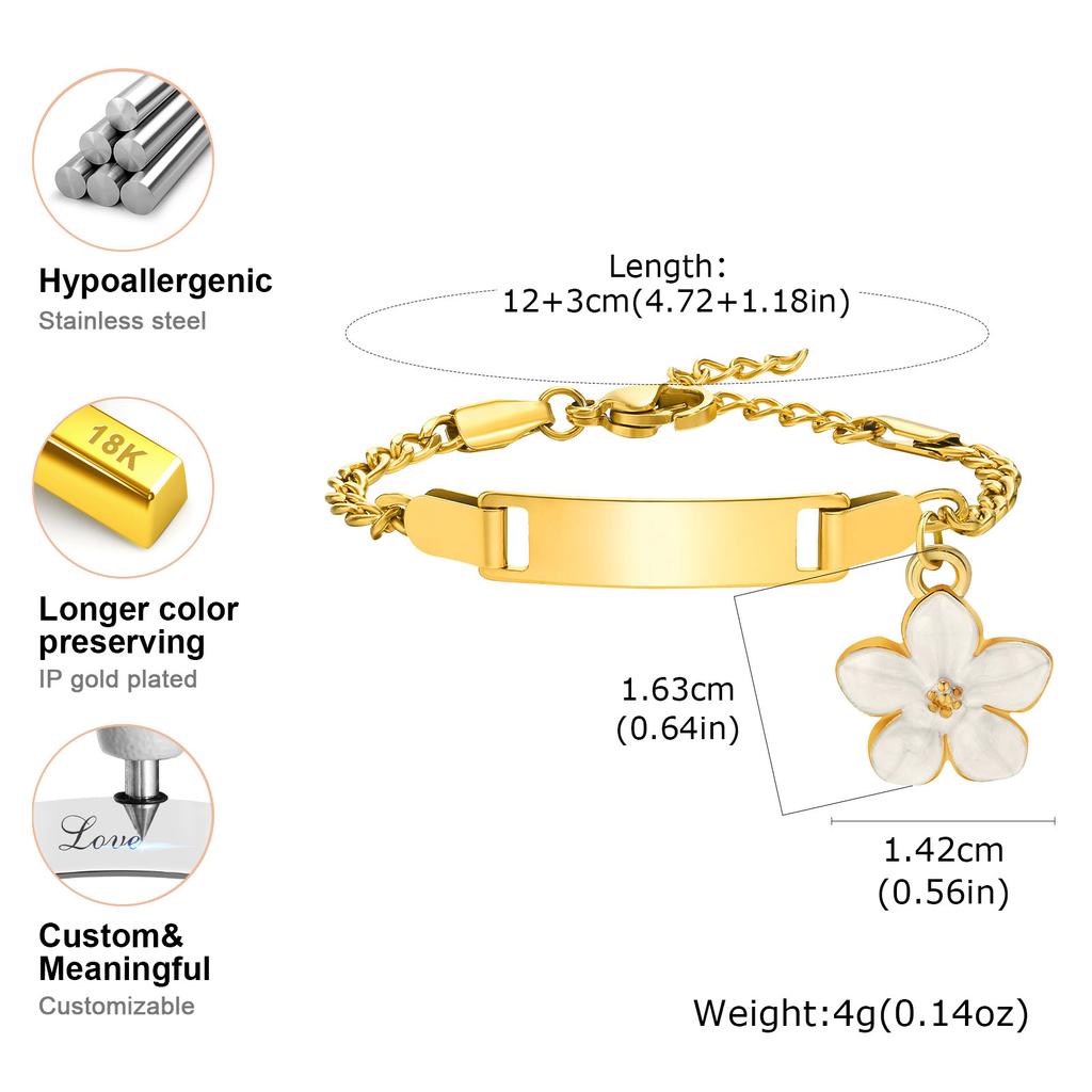 Personalized Engrave Name ID Bracelet for Kid Baby, Stainless Steel Flower Charm Bracelet, Waterproof Custom Jewelry for Girl