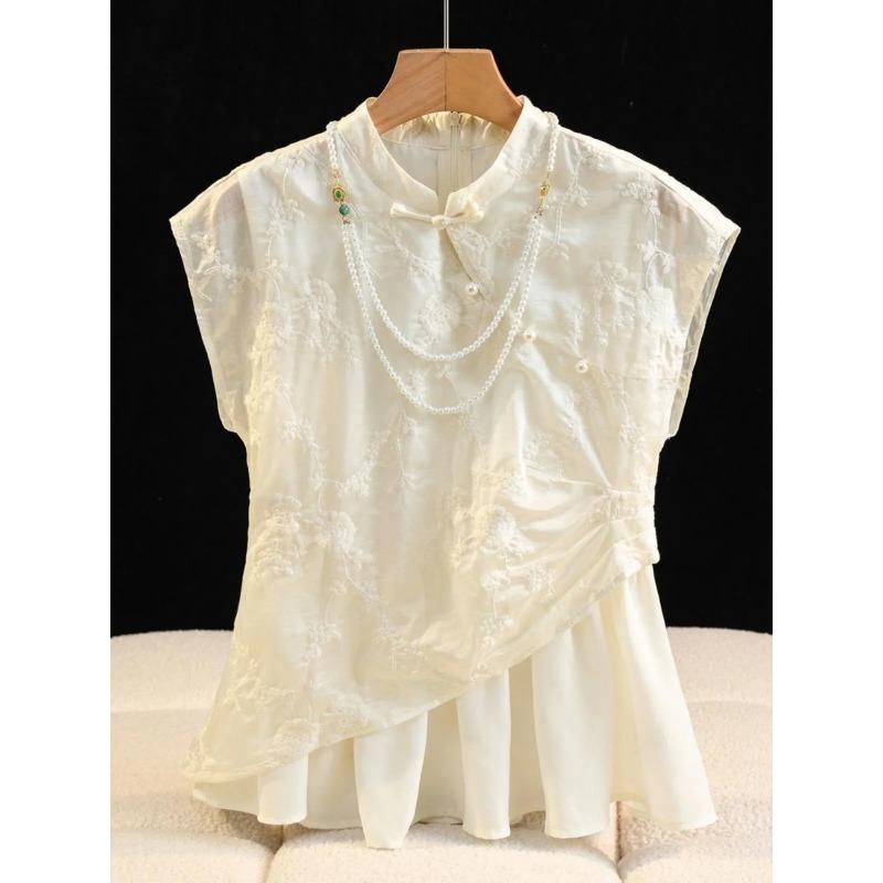 Damen Elfenbein Ärmellose Bluse mit Stickerei Spitze und asymmetrischem Rüschensaum Perlenbesatz am Ausschnitt