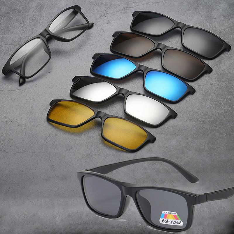 TR90 Eyeglasses Frame with 5 Clip On Sunglasses for Men Rectangle Optical Glasses Leisure Eyewear Design 2266